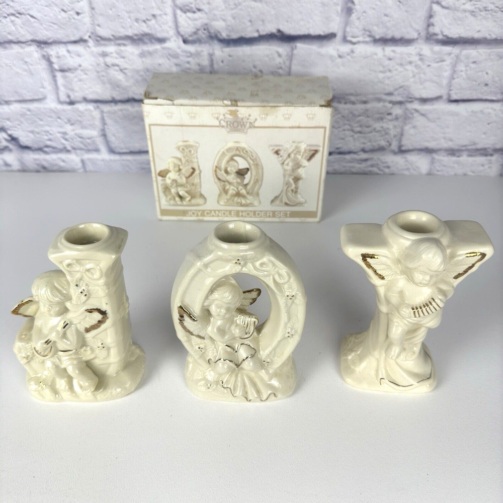 VTG Angel Cherubs JOY Christmas Candle Stick Holders 3 pc Set Ceramic White Gold